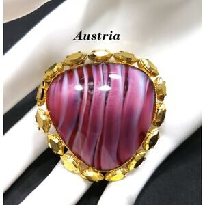 Vintage Austrian Striated Red Art Glass Brooch,  Gold Rhinestones Frame, 1 3/4"
